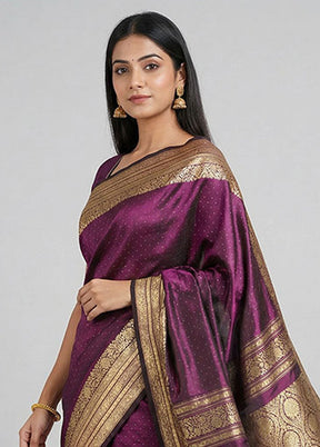 Purple Handloom Banarasi Pure Silk Saree With Blouse Piece
