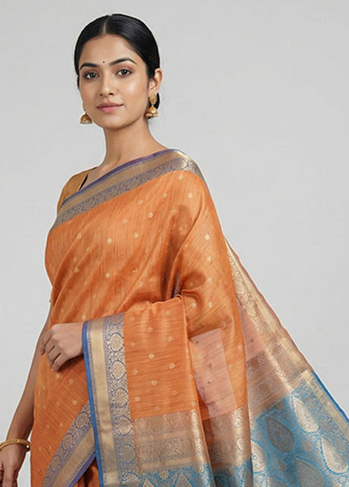 Peach Tussar Silk Saree With Blouse Piece