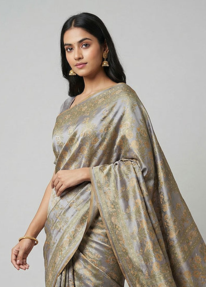 Cream Handloom Jamewar Pure Silk Saree With Blouse Piece