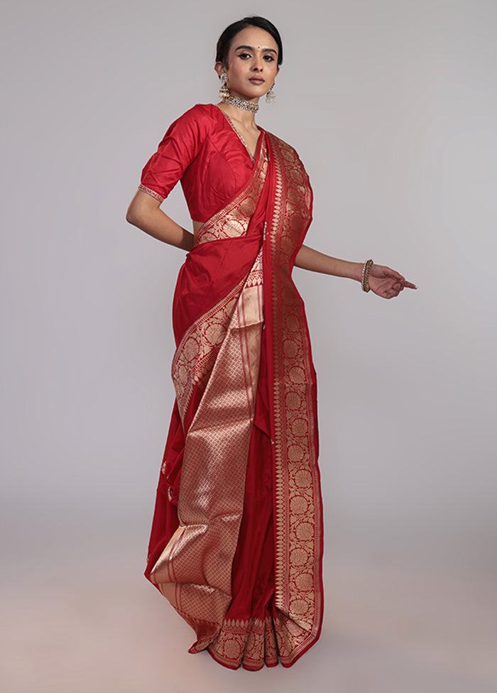 Red Handloom Katan Pure Silk Saree With Blouse Piece