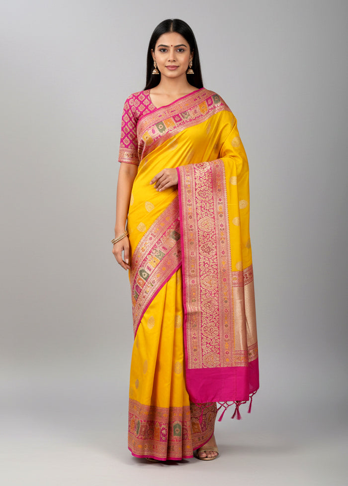 Yellow Handloom Katan Pure Silk Saree With Blouse Piece