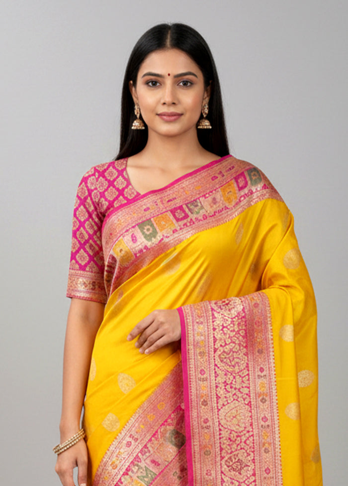 Yellow Handloom Katan Pure Silk Saree With Blouse Piece