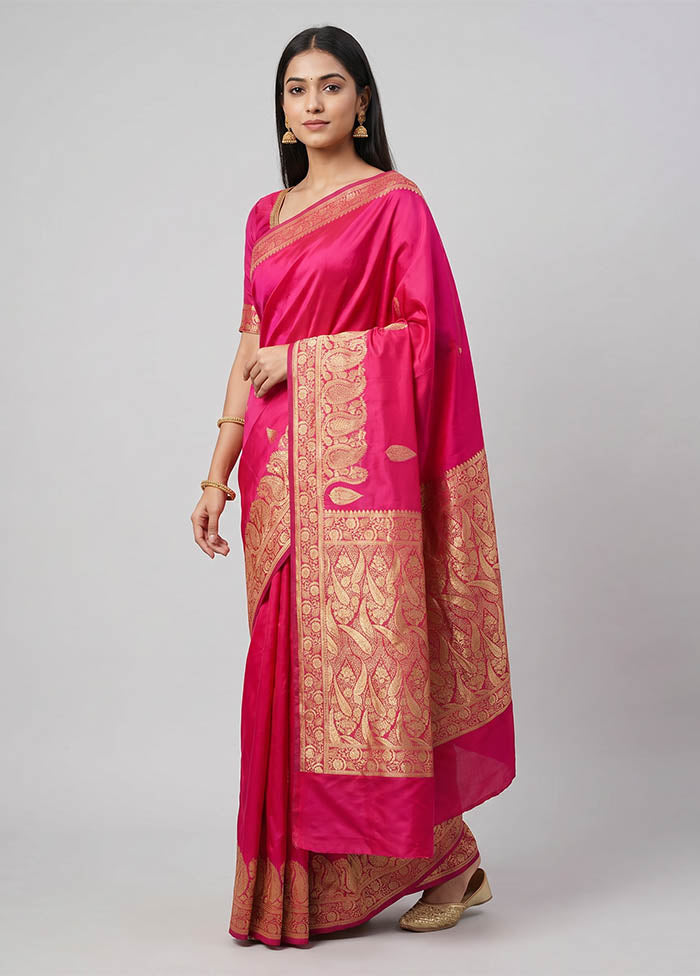 Pink Handloom Banarasi Pure Silk Saree With Blouse Piece