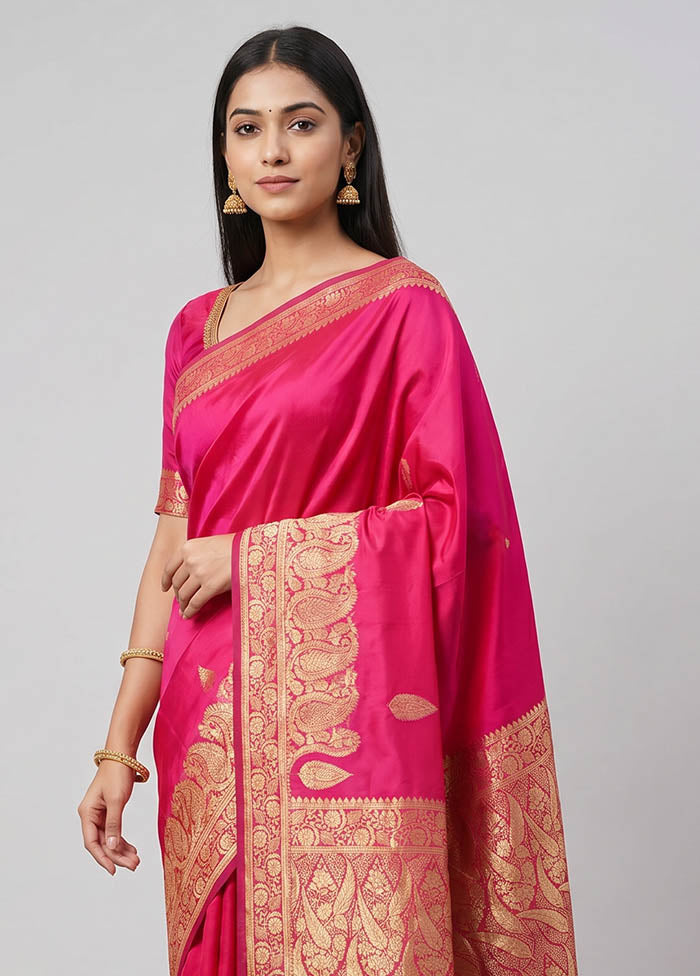 Pink Handloom Banarasi Pure Silk Saree With Blouse Piece