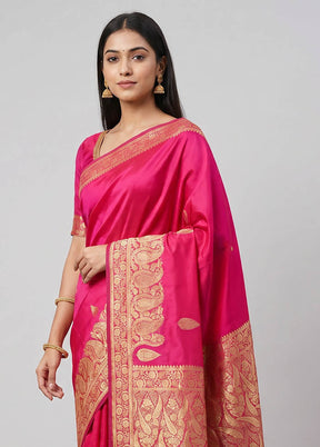 Pink Handloom Banarasi Pure Silk Saree With Blouse Piece
