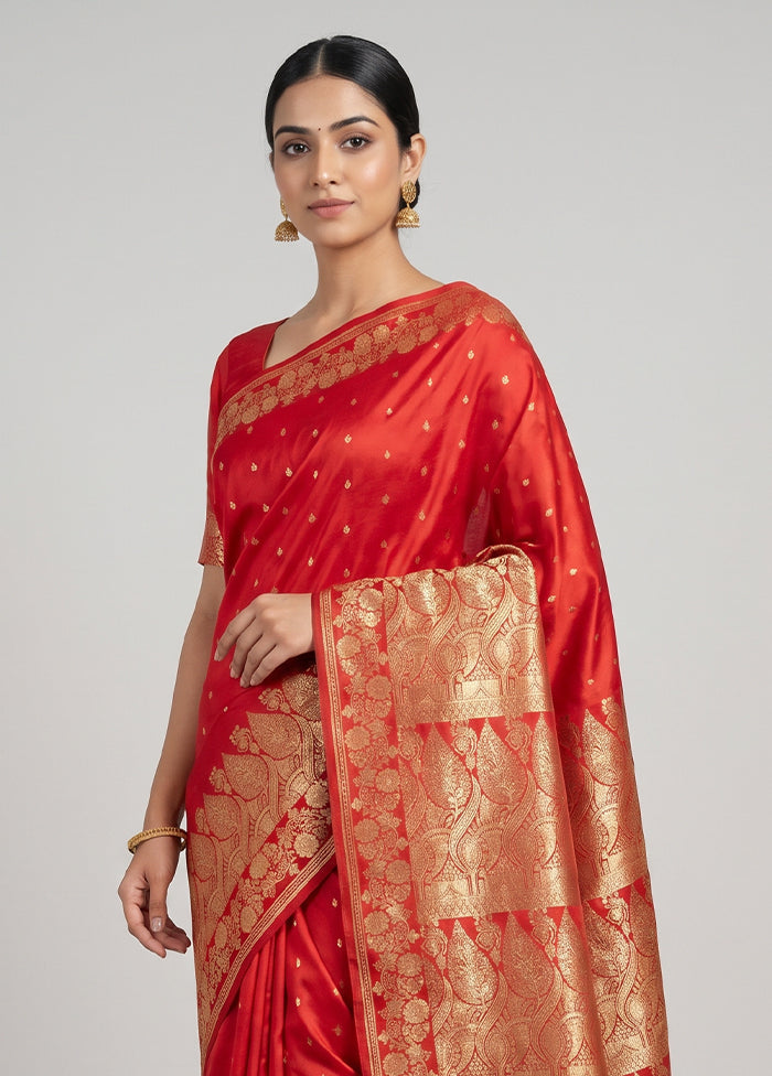 Red Banarasi Silk Saree With Blouse Piece