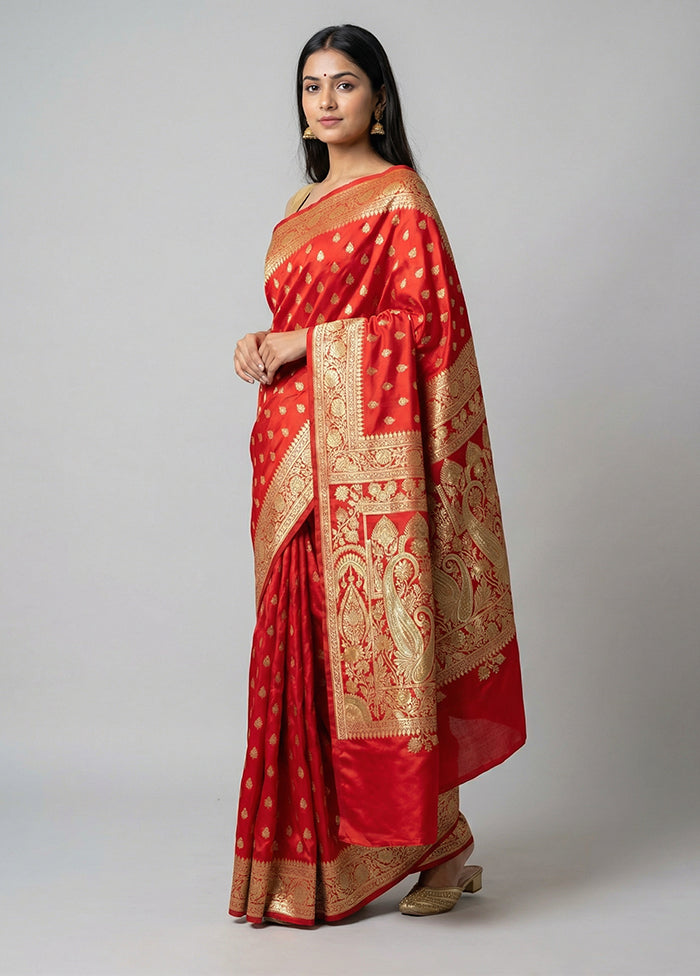 Red Handloom Banarasi Pure Silk Saree With Blouse Piece