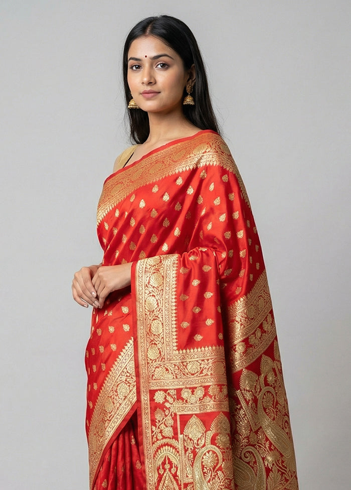 Red Handloom Banarasi Pure Silk Saree With Blouse Piece