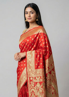 Red Handloom Banarasi Pure Silk Saree With Blouse Piece