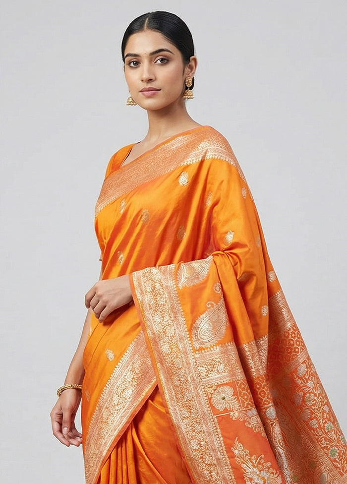 Yellow Handloom Banarasi Pure Silk Saree With Blouse Piece