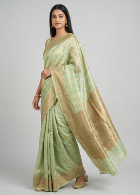 Green Handloom Tussar Pure Silk Saree With Blouse Piece
