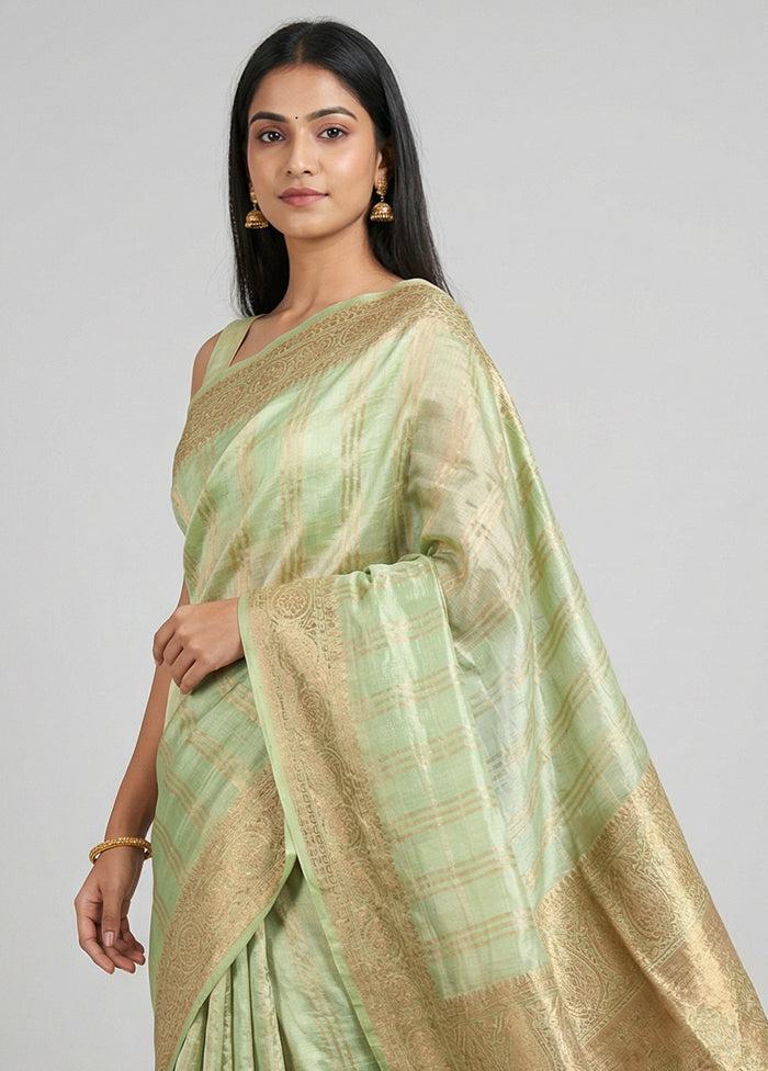 Green Handloom Tussar Pure Silk Saree With Blouse Piece