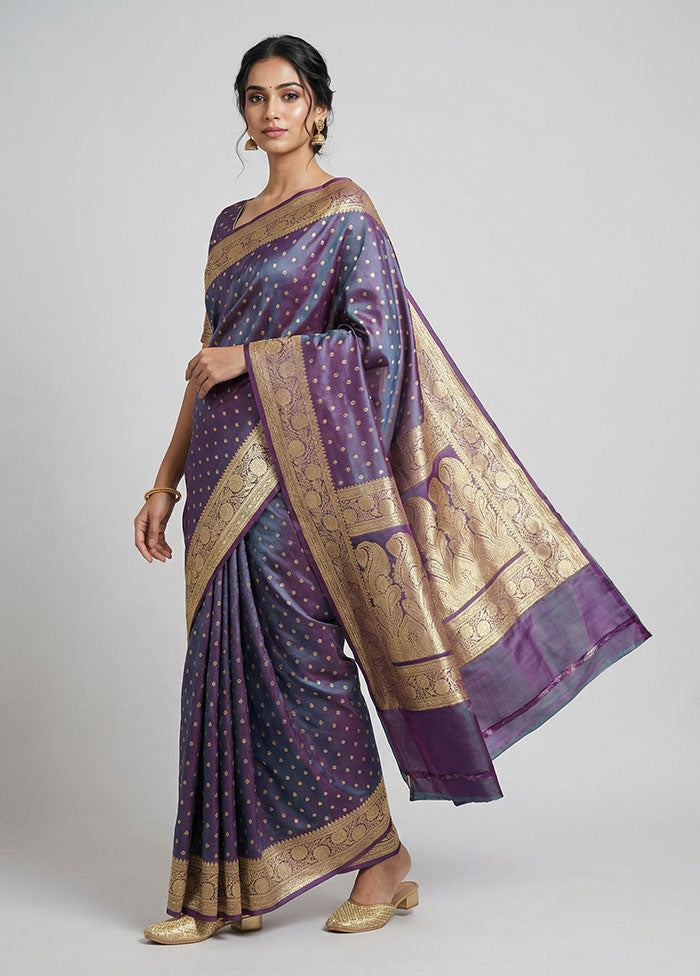 Purple Handloom Banarasi Pure Silk Saree With Blouse Piece