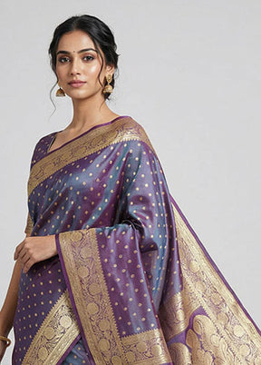 Purple Handloom Banarasi Pure Silk Saree With Blouse Piece