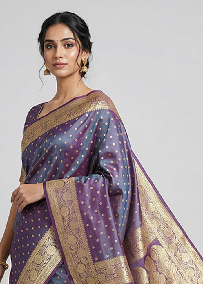 Purple Handloom Banarasi Pure Silk Saree With Blouse Piece