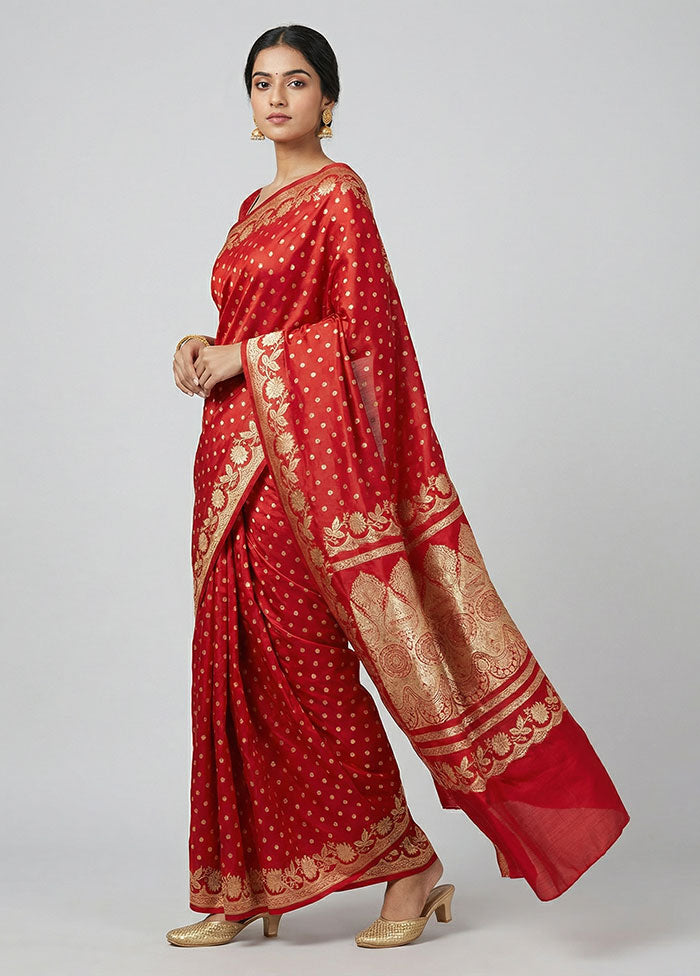 Red Handloom Banarasi Pure Silk Saree With Blouse Piece