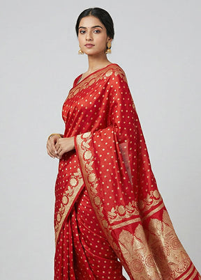 Red Handloom Banarasi Pure Silk Saree With Blouse Piece