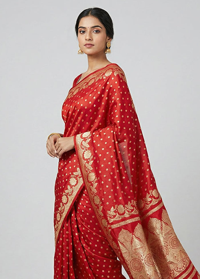 Red Handloom Banarasi Pure Silk Saree With Blouse Piece