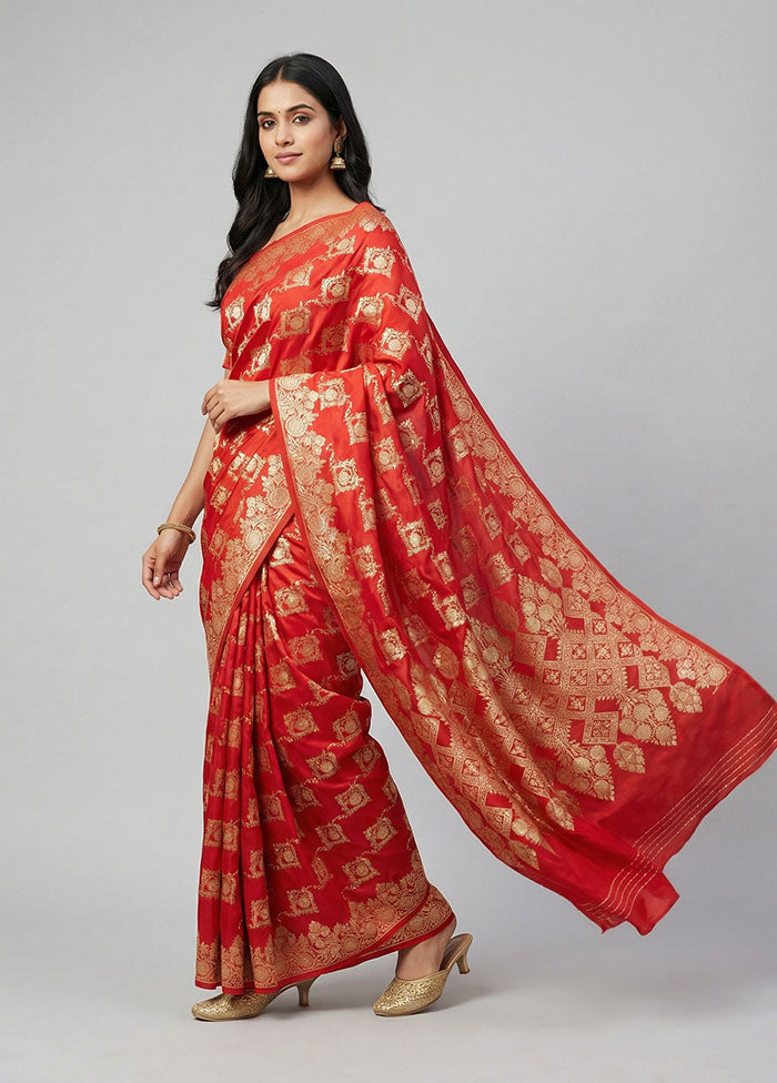 Red Banarasi Silk Saree With Blouse Piece