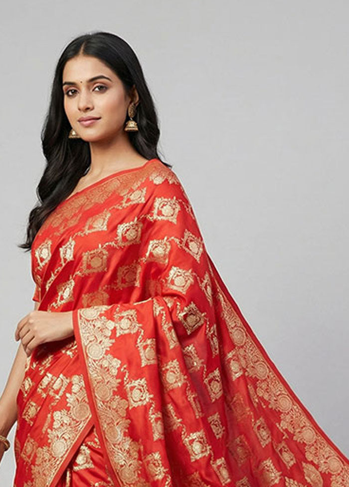 Red Banarasi Silk Saree With Blouse Piece