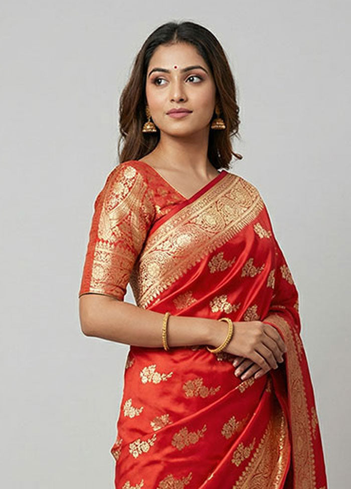 Red Banarasi Silk Saree With Blouse Piece