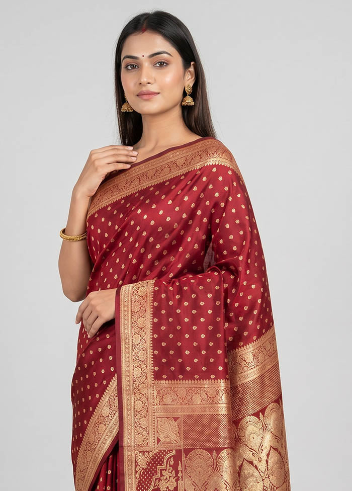 Maroon Banarasi Silk Saree With Blouse Piece