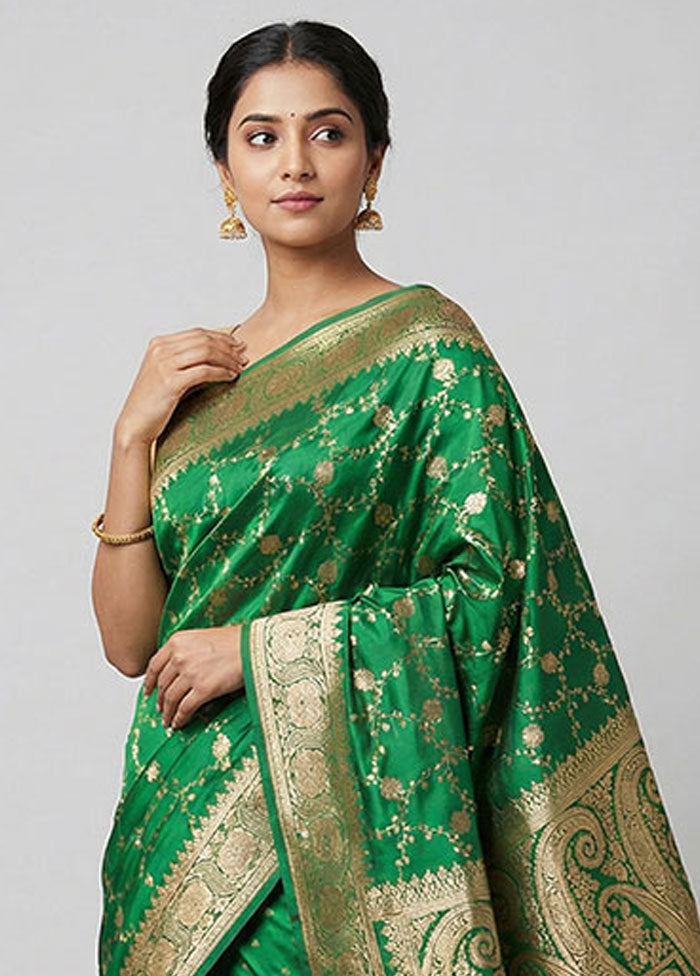 Green Banarasi Silk Saree With Blouse Piece