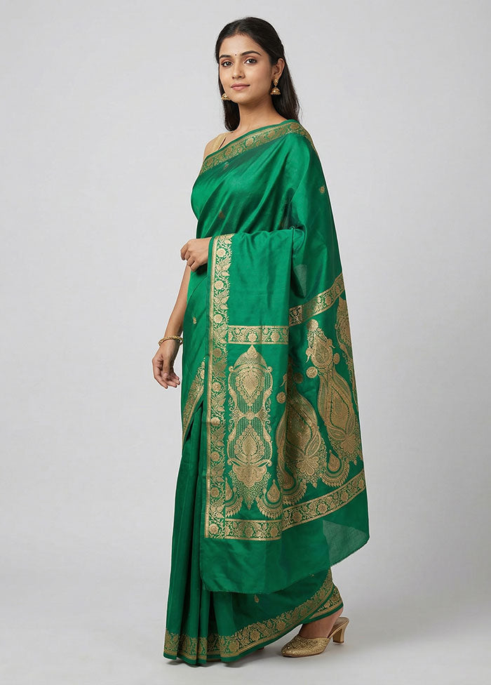 Green Banarasi Silk Saree With Blouse Piece