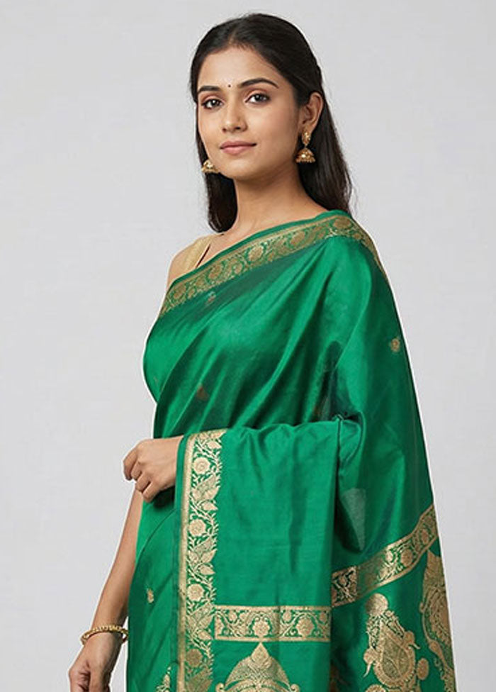 Green Banarasi Silk Saree With Blouse Piece