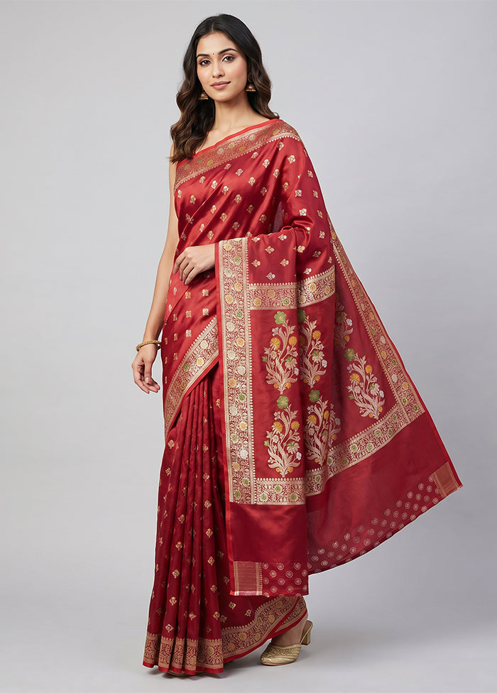 Maroon Handloom Banarasi Pure Silk Saree With Blouse Piece