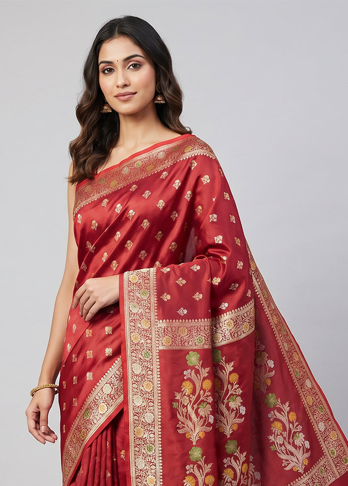 Maroon Handloom Banarasi Pure Silk Saree With Blouse Piece