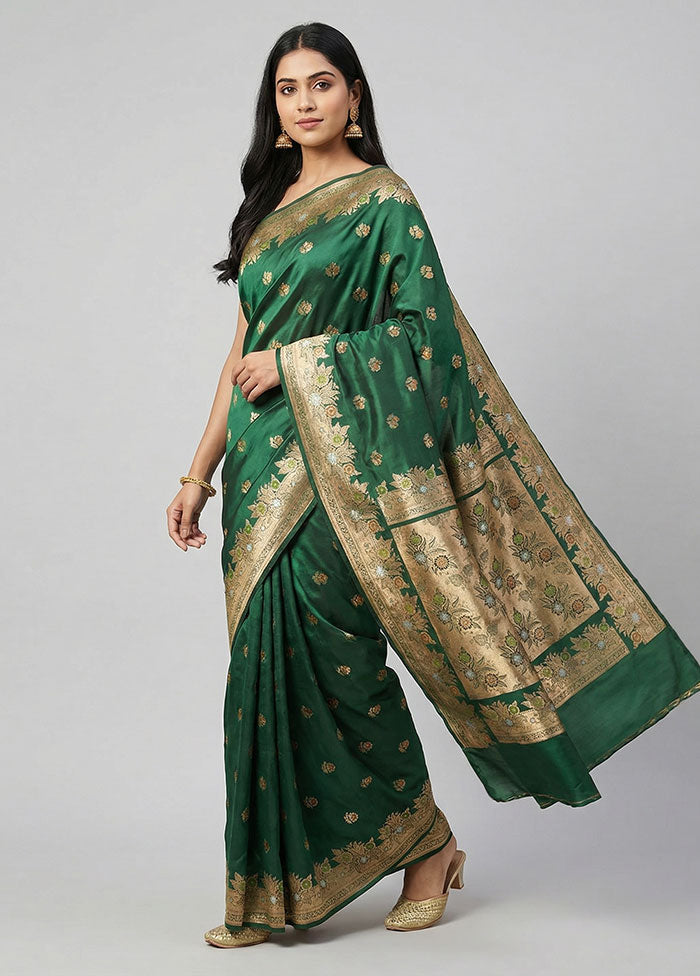 Green Handloom Banarasi Pure Silk Saree With Blouse Piece