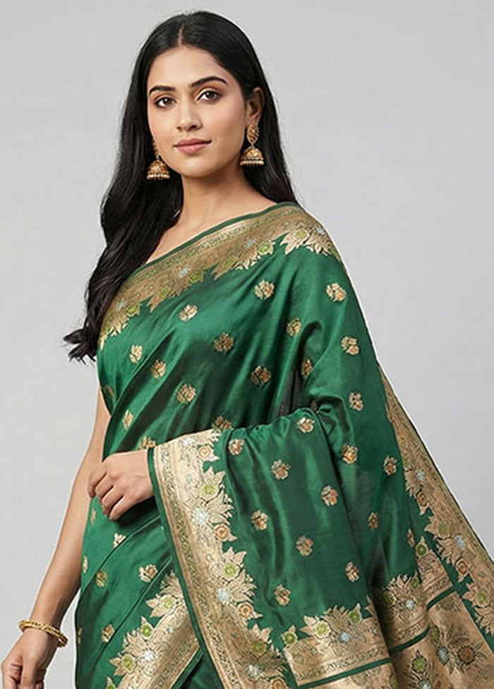 Green Handloom Banarasi Pure Silk Saree With Blouse Piece