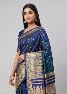 Blue Handloom Banarasi Pure Silk Saree With Blouse Piece