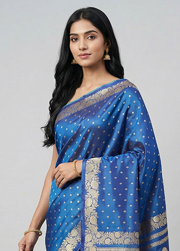 Blue Handloom Banarasi Pure Silk Saree With Blouse Piece