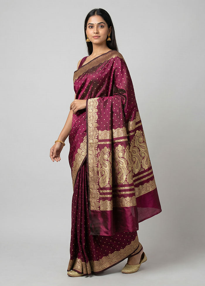 Maroon Handloom Banarasi Pure Silk Saree With Blouse Piece