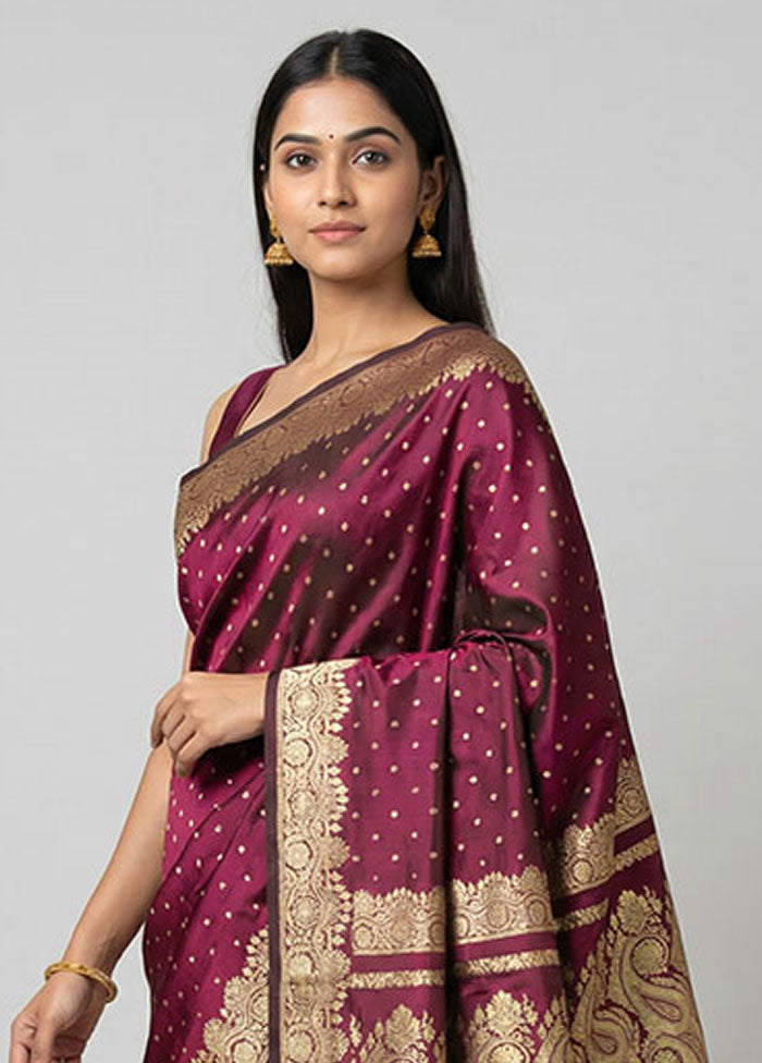 Maroon Handloom Banarasi Pure Silk Saree With Blouse Piece
