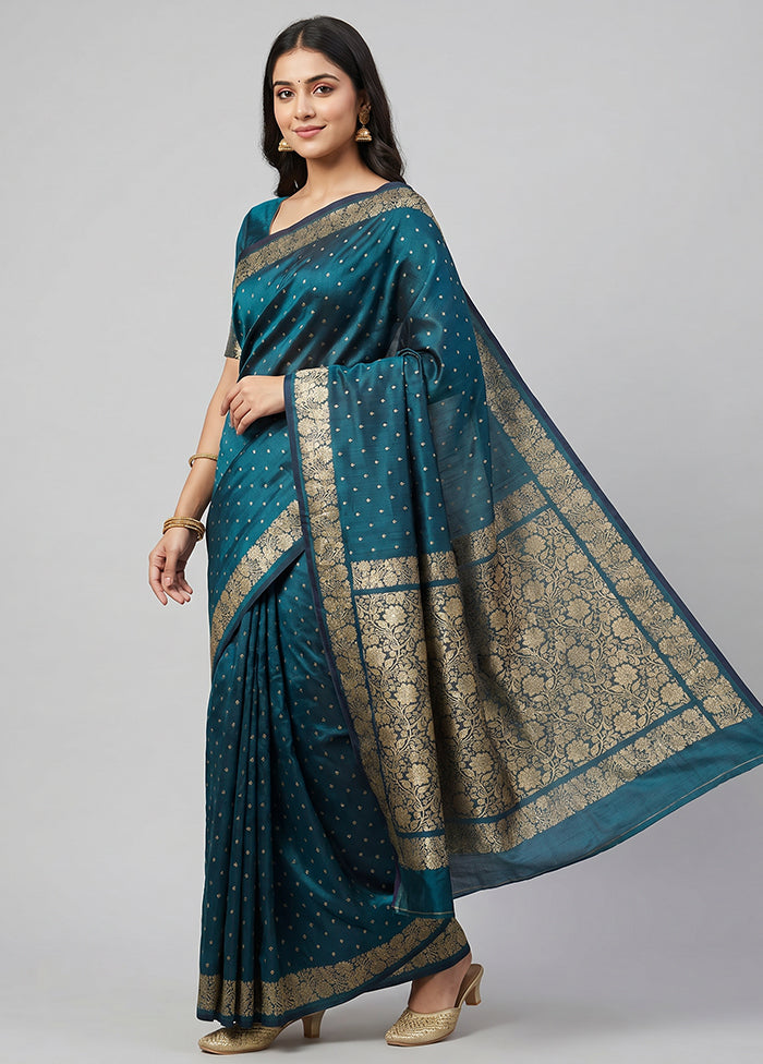 Blue Handloom Banarasi Pure Silk Saree With Blouse Piece