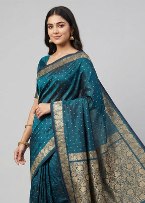 Blue Handloom Banarasi Pure Silk Saree With Blouse Piece