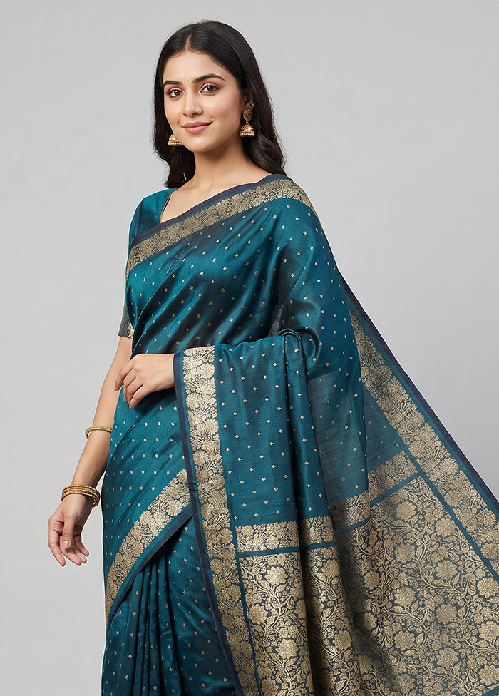 Blue Handloom Banarasi Pure Silk Saree With Blouse Piece