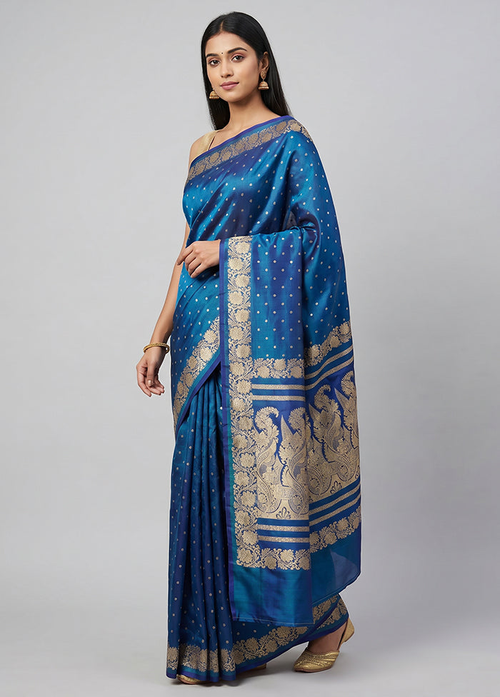 Blue Handloom Banarasi Pure Silk Saree With Blouse Piece