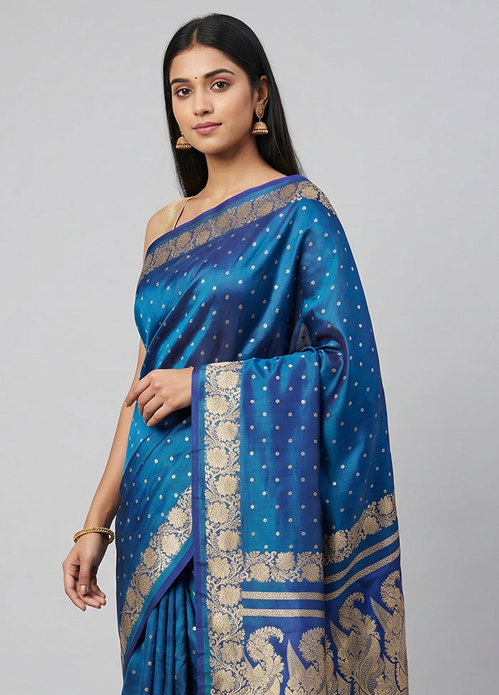 Blue Handloom Banarasi Pure Silk Saree With Blouse Piece