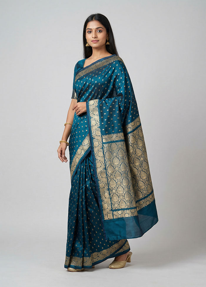 Blue Handloom Banarasi Pure Silk Saree With Blouse Piece
