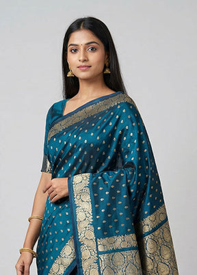 Blue Handloom Banarasi Pure Silk Saree With Blouse Piece