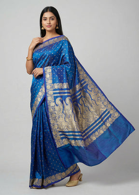 Blue Handloom Banarasi Pure Silk Saree With Blouse Piece