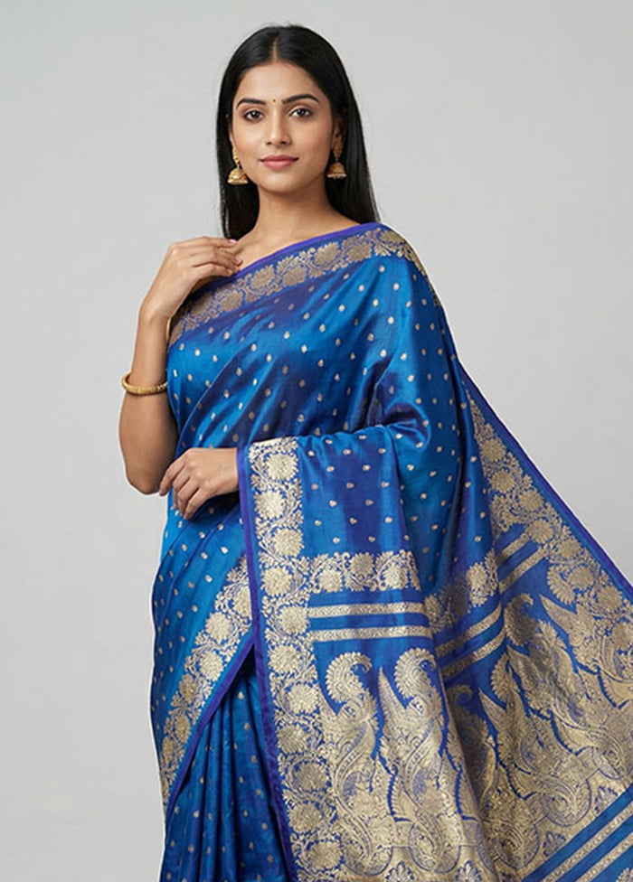 Blue Handloom Banarasi Pure Silk Saree With Blouse Piece