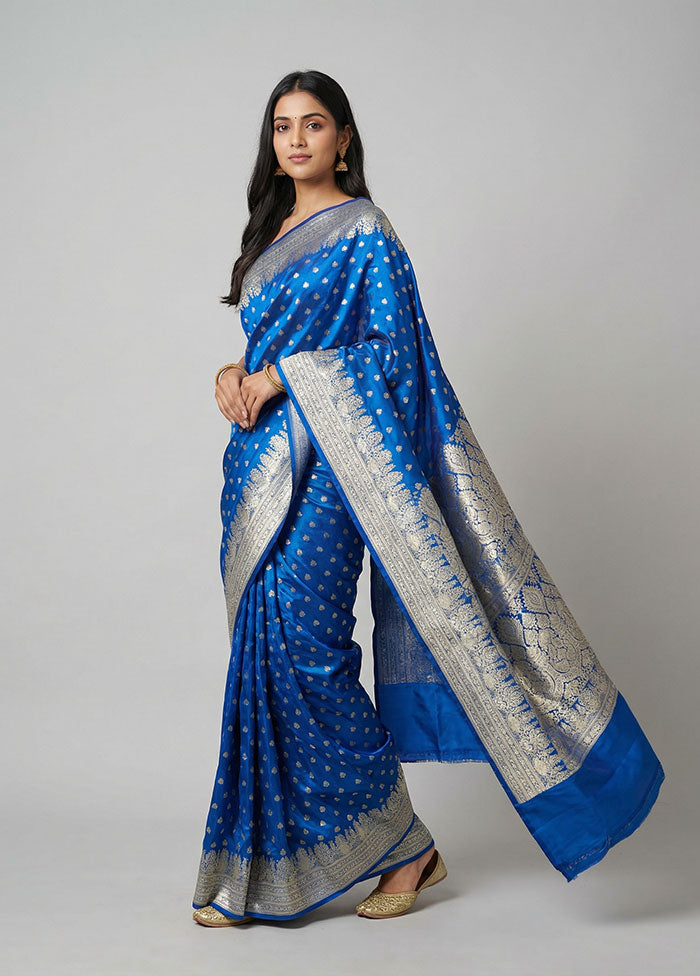 Blue Handloom Banarasi Pure Silk Saree With Blouse Piece