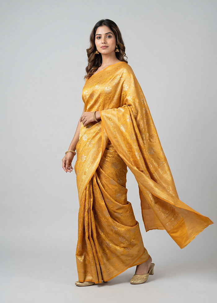 Yellow Dupion Silk Saree With Blouse Piece