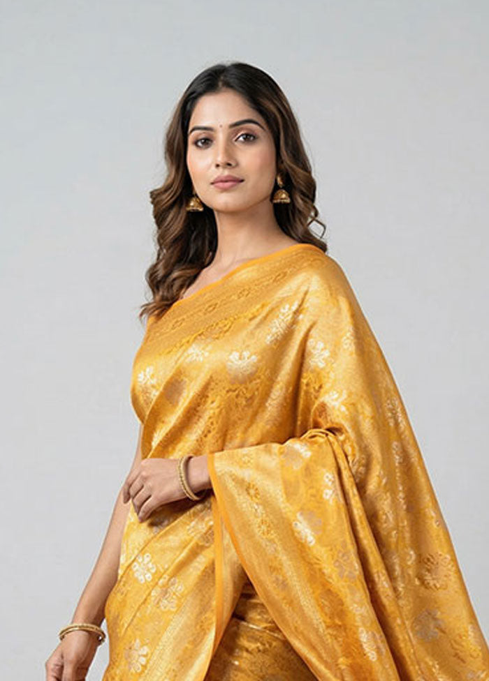 Yellow Dupion Silk Saree With Blouse Piece