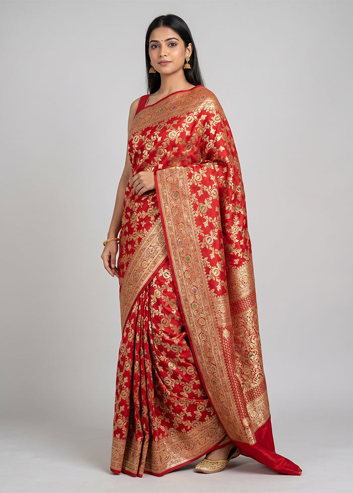 Red Banarasi Silk Saree With Blouse Piece